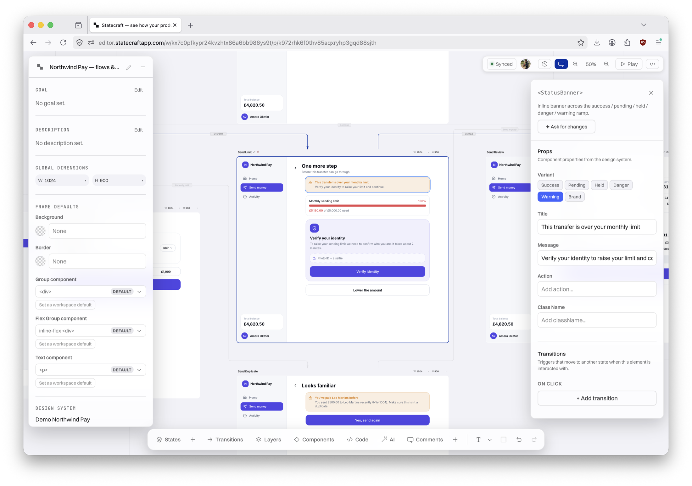 The Statecraft editor showing a money-transfer app's journeys — every state and failure branch laid out on one canvas, with a component inspector open.
