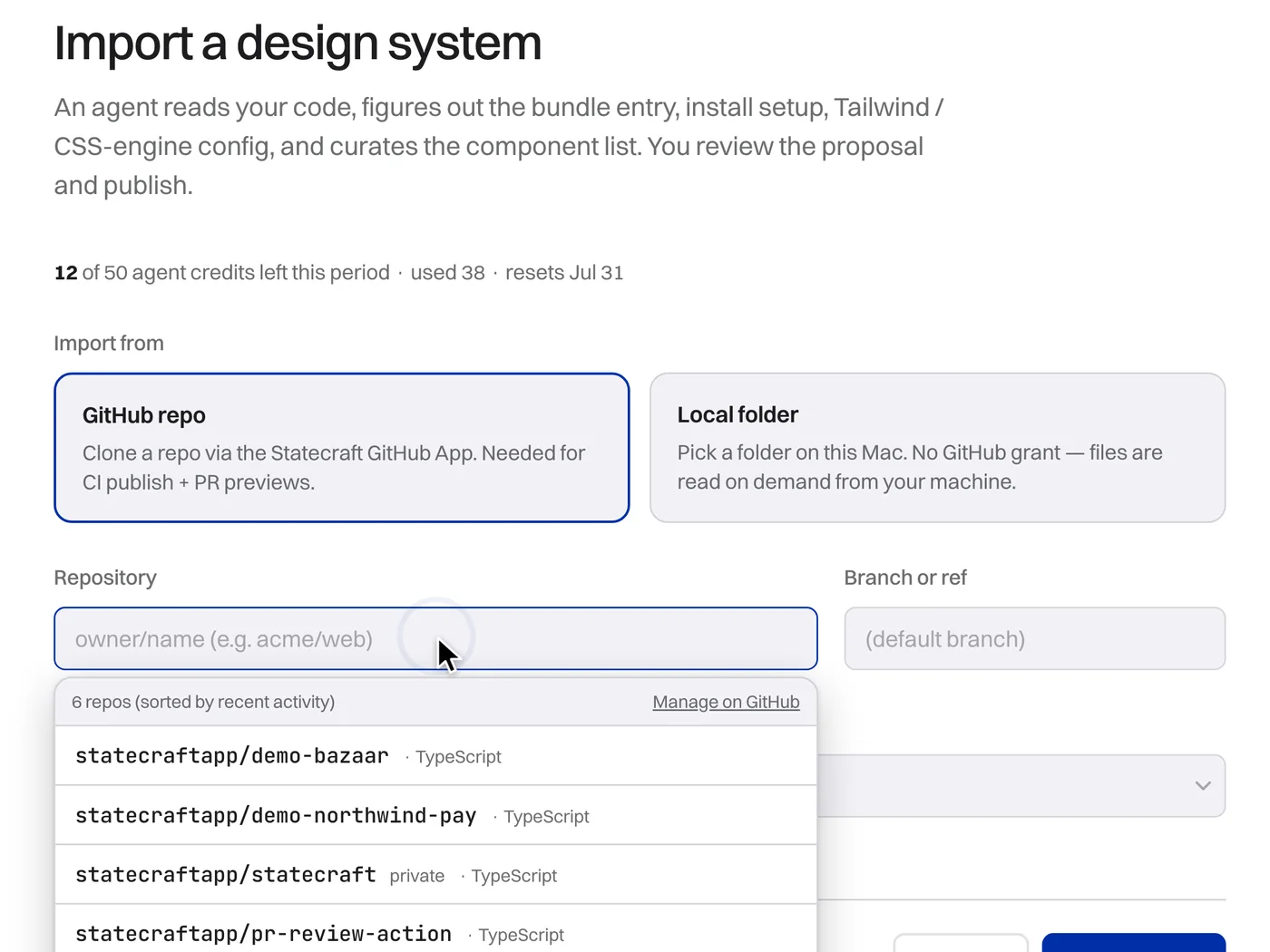 The Import a design system form, choosing a repository