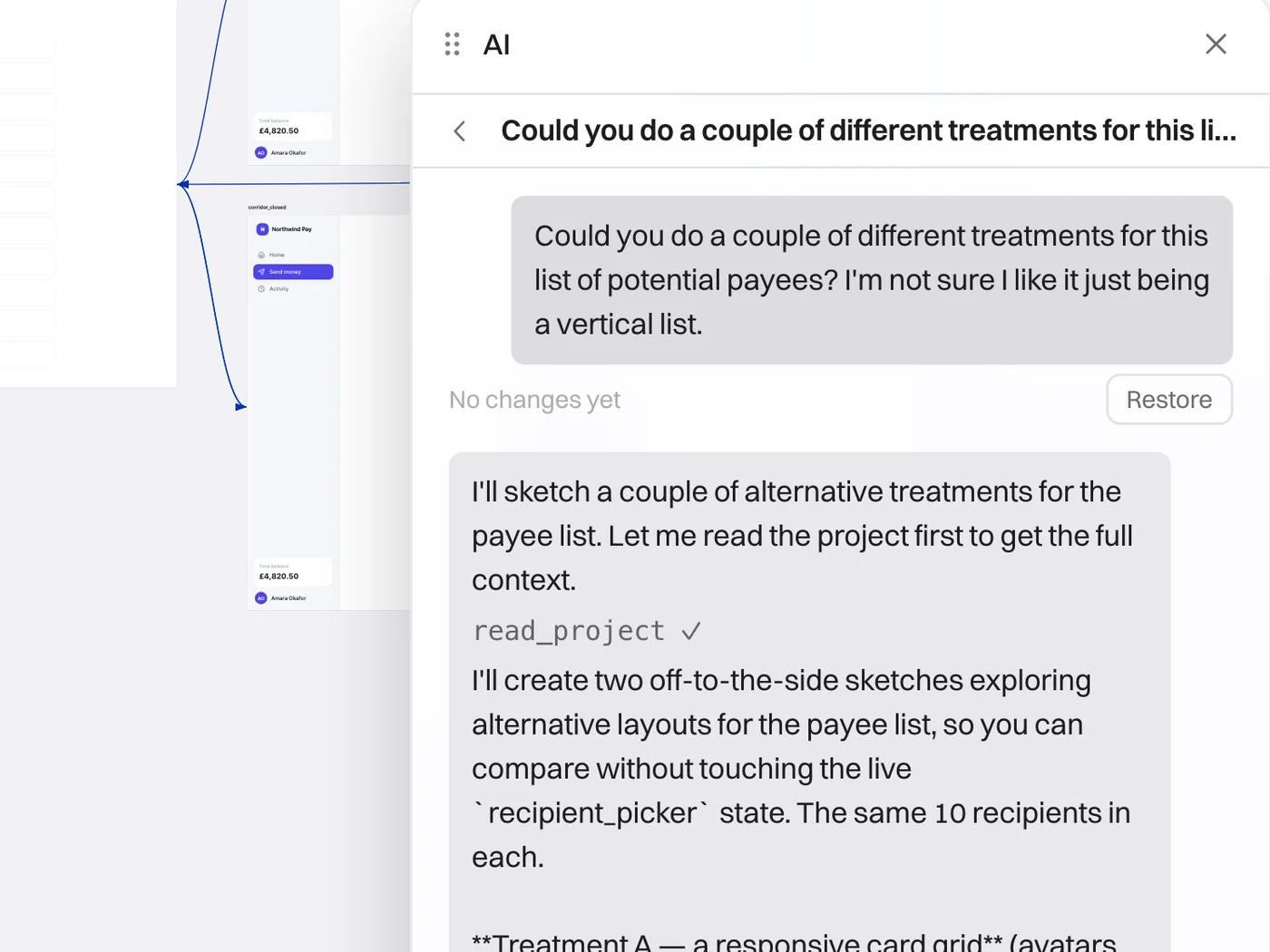 The AI panel sketching two alternative layouts for a payee list