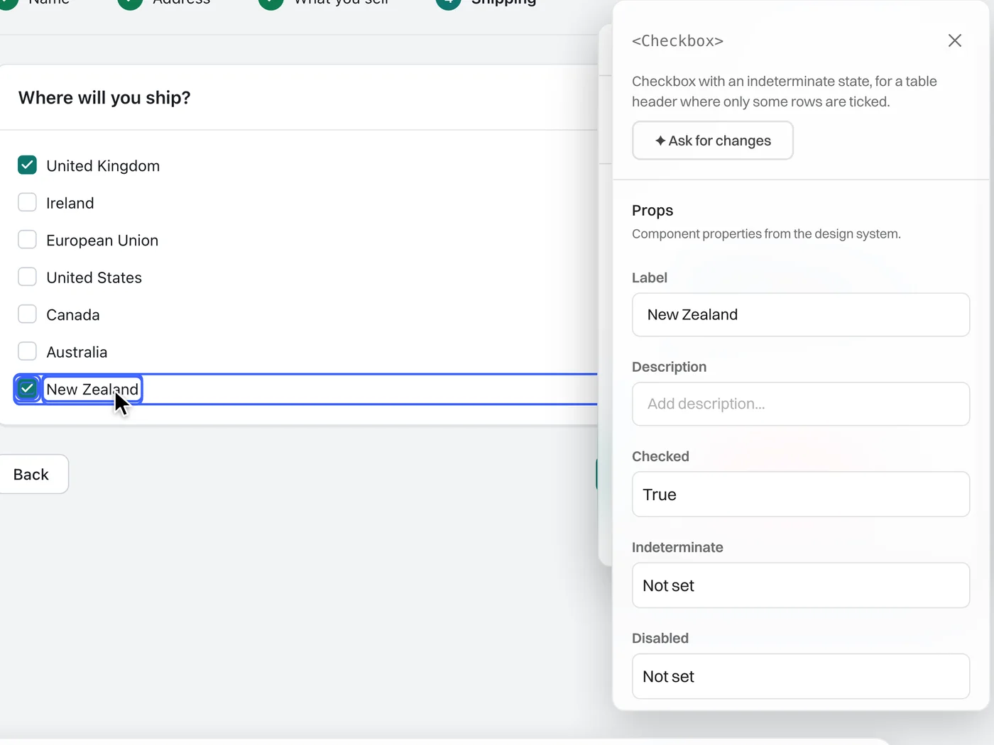 A selected Checkbox with its props in the inspector