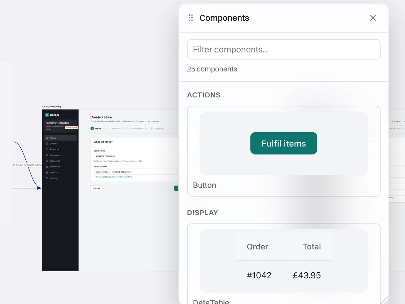 The Components palette showing a Button and a DataTable from the design system