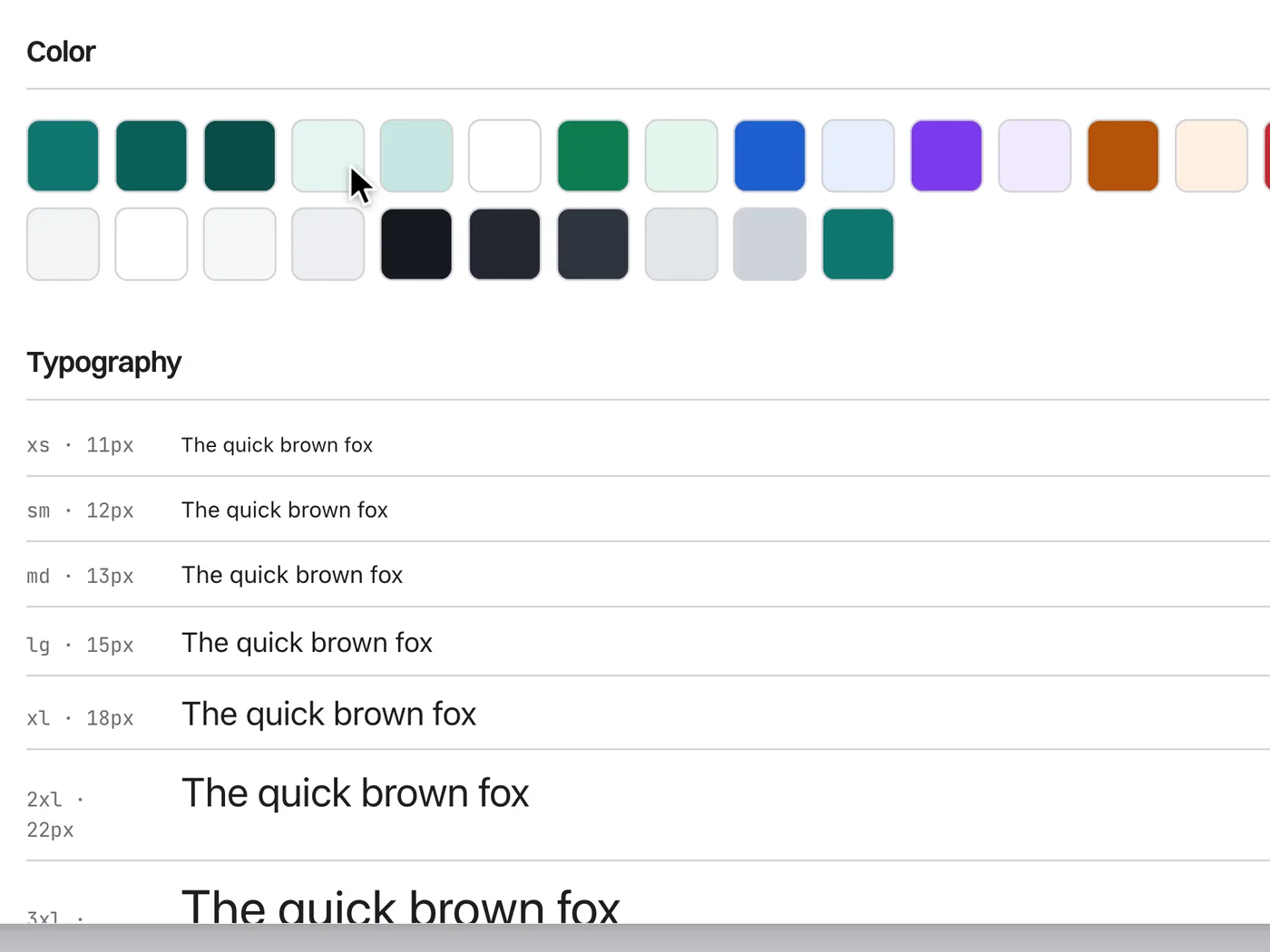 A design system's colour tokens and type scale