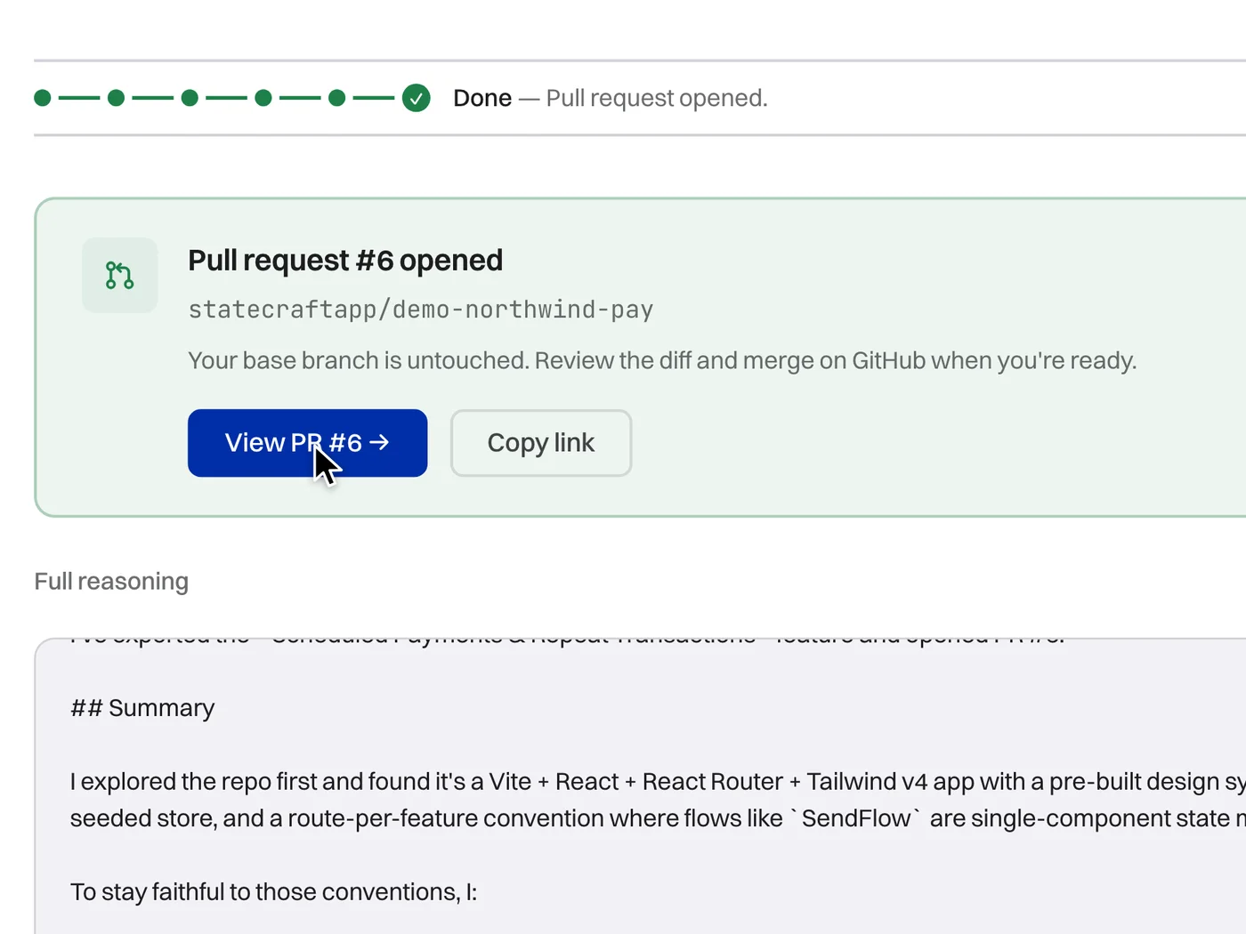 A run page saying Pull request #6 opened