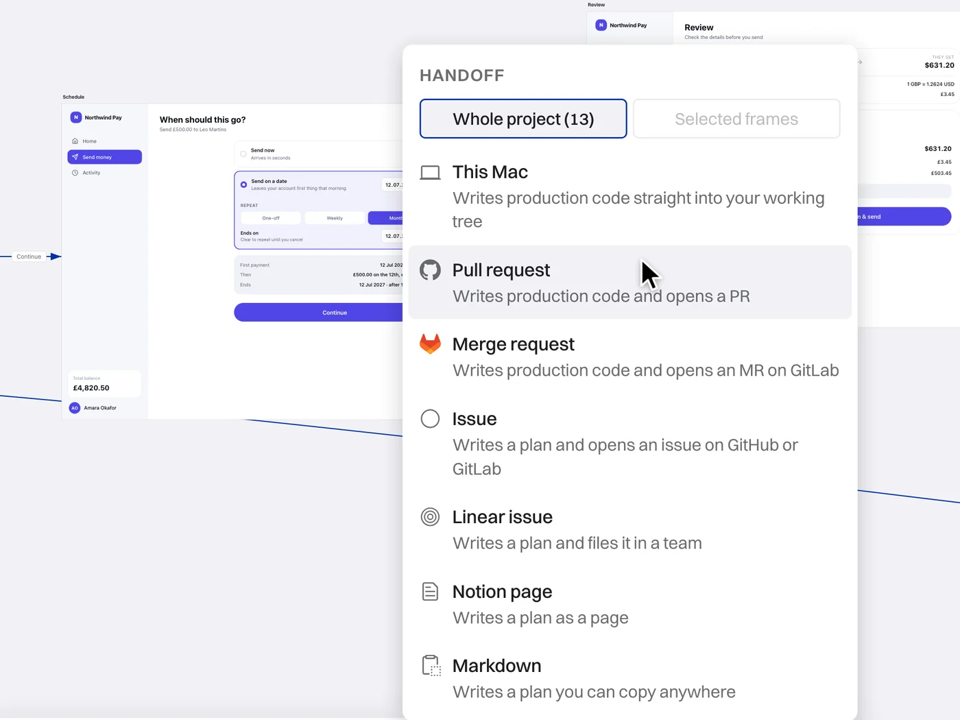 The Handoff menu listing This Mac, pull request, merge request, issue, Linear issue, Notion page and Markdown