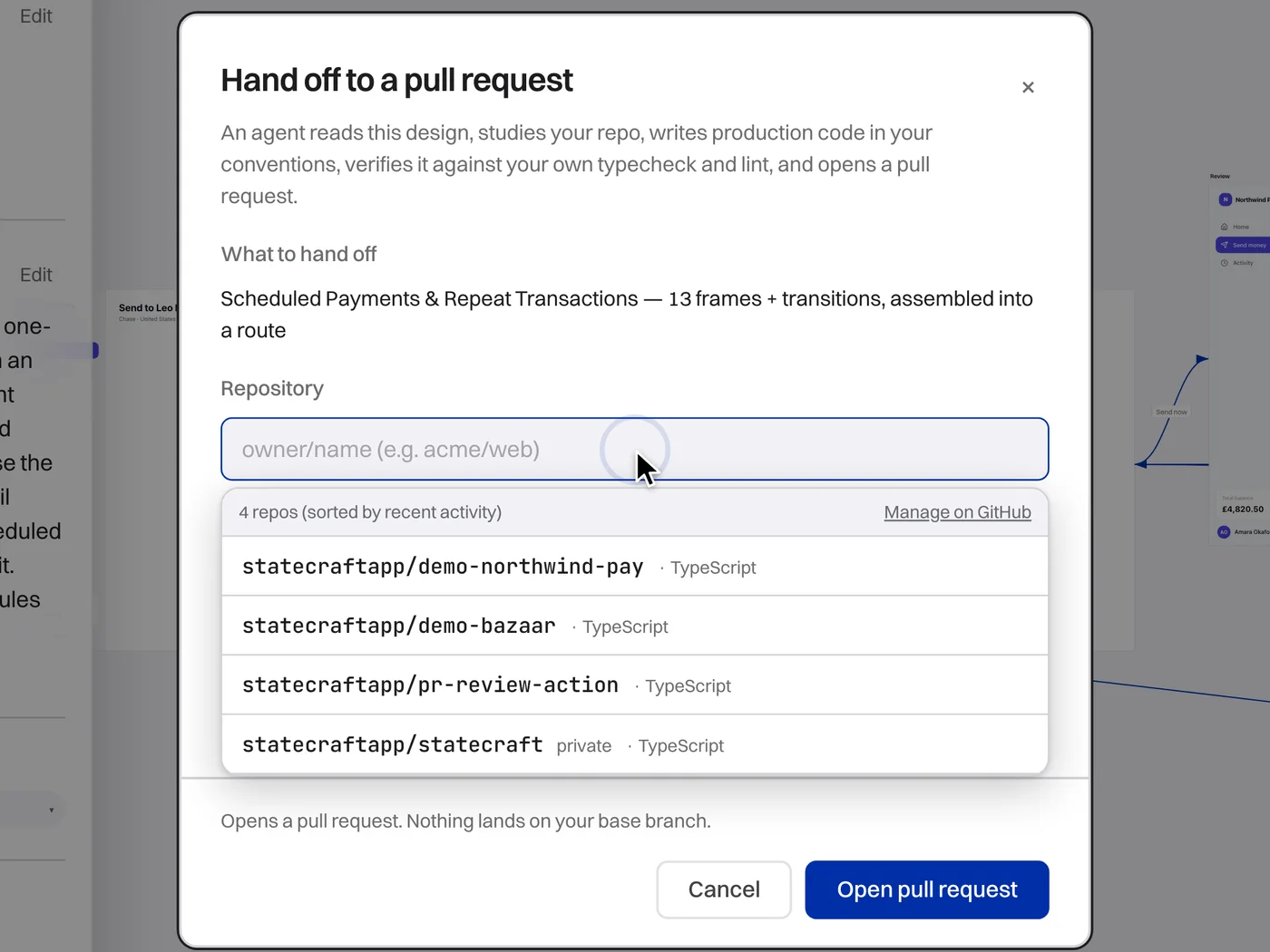 The Hand off to a pull request dialog, choosing a repository