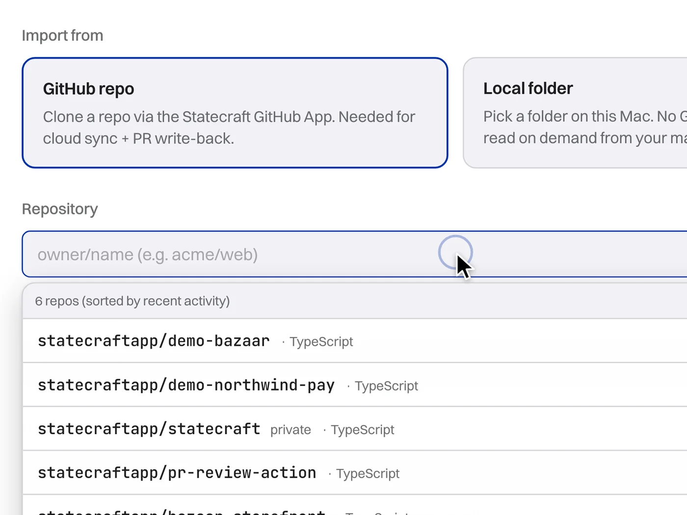 The import form, choosing between a GitHub repository and a local folder
