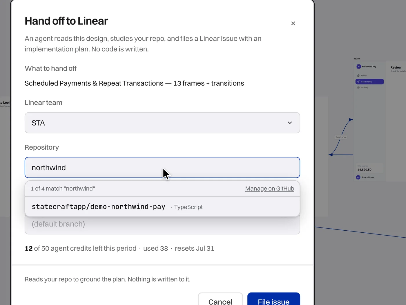 The Hand off to Linear dialog