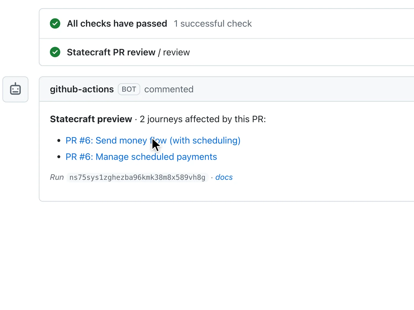 A pull request comment linking to the two flows it affects