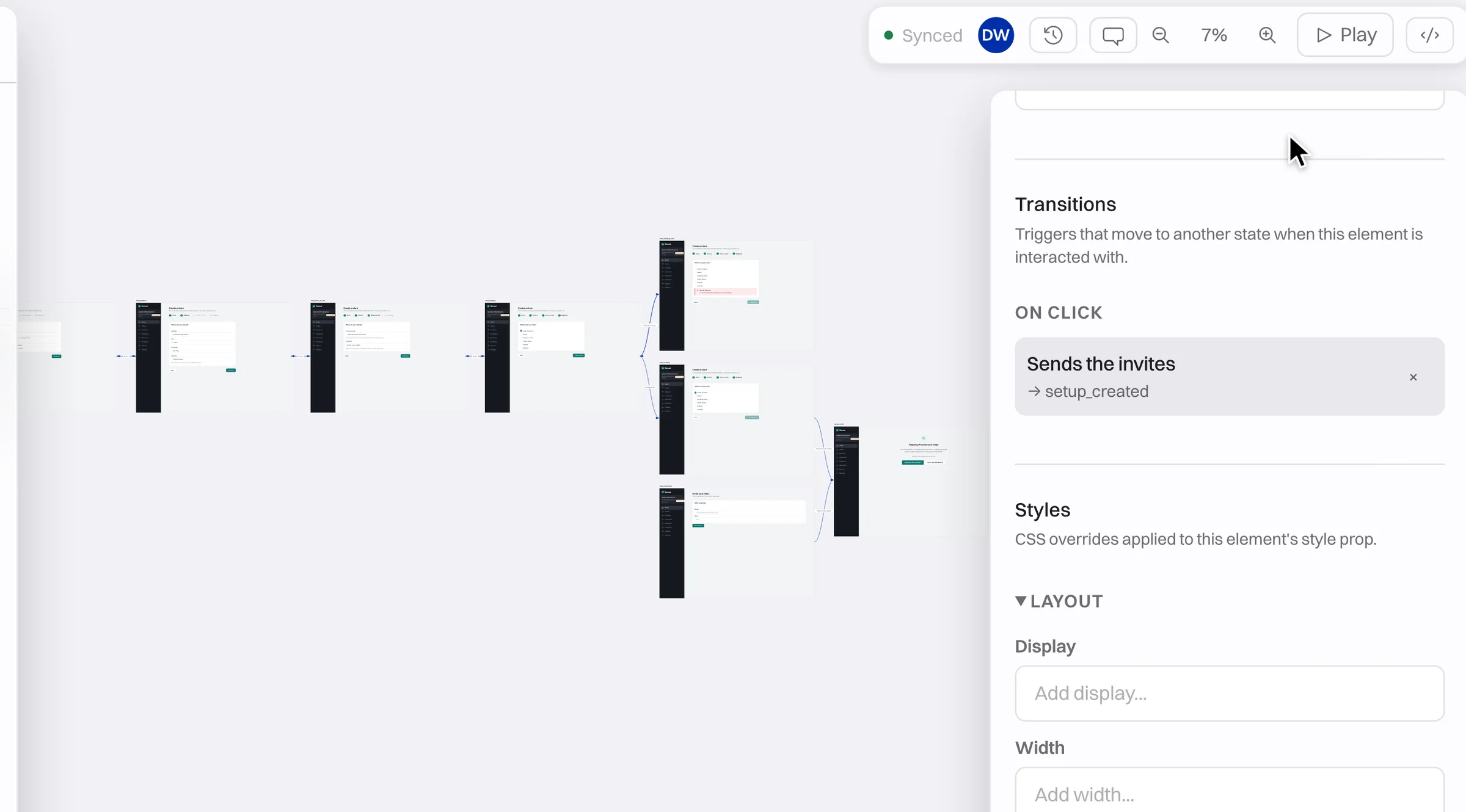 A flow on the canvas with an on-click transition in the inspector